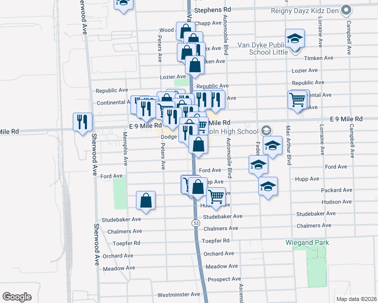 map of restaurants, bars, coffee shops, grocery stores, and more near 22831 Van Dyke Avenue in Warren