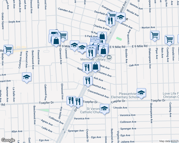 map of restaurants, bars, coffee shops, grocery stores, and more near 22235 Michigan 3 in Eastpointe