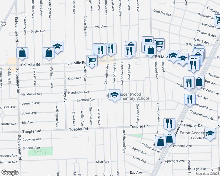 map of restaurants, bars, coffee shops, grocery stores, and more near 22271 Eastwood Avenue in Warren