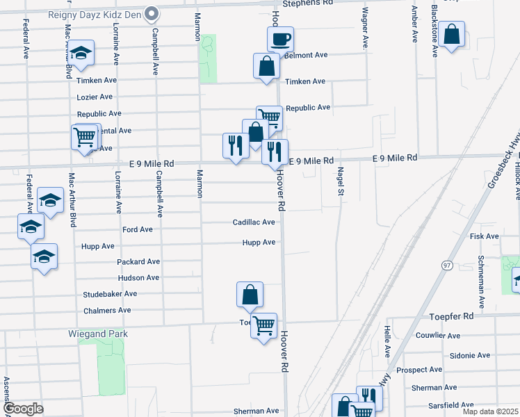 map of restaurants, bars, coffee shops, grocery stores, and more near 11527 Maxwell Avenue in Warren