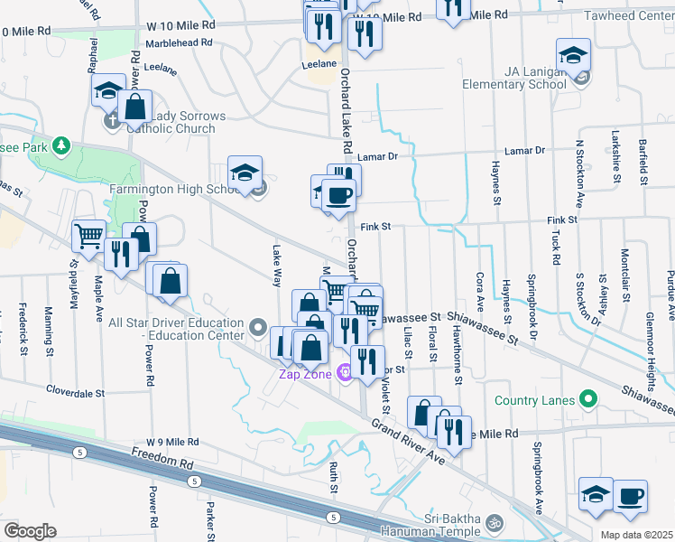 map of restaurants, bars, coffee shops, grocery stores, and more near 21333 Orchard Lake Road in Farmington Hills