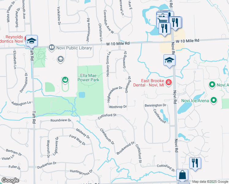 map of restaurants, bars, coffee shops, grocery stores, and more near 23510 Highmeadow Drive in Novi