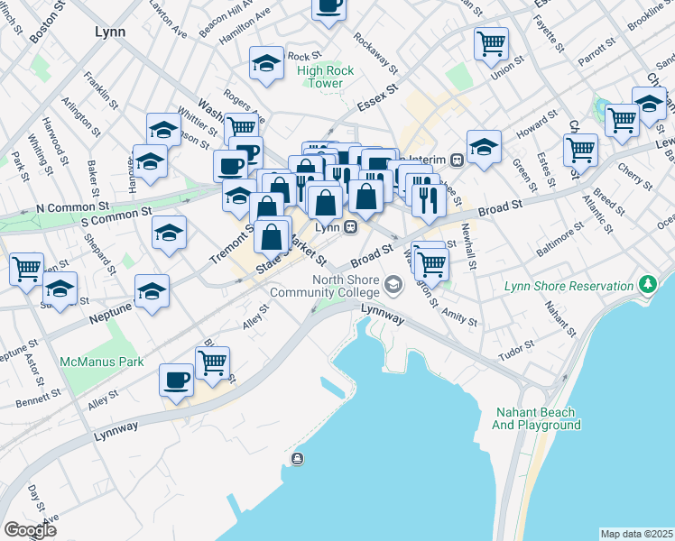 map of restaurants, bars, coffee shops, grocery stores, and more near 325 Massachusetts 1A in Lynn