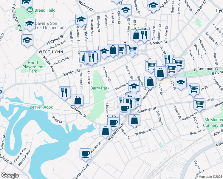 map of restaurants, bars, coffee shops, grocery stores, and more near 95 Cottage Street in Lynn