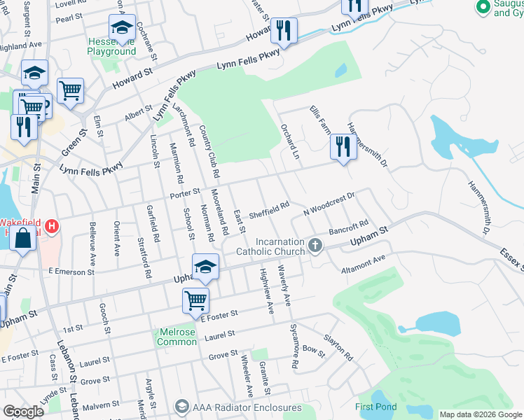 map of restaurants, bars, coffee shops, grocery stores, and more near 79 Ardsmoor Road in Melrose
