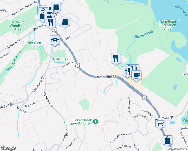 map of restaurants, bars, coffee shops, grocery stores, and more near 41 Hiawatha Road in Woburn