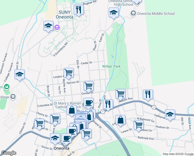 map of restaurants, bars, coffee shops, grocery stores, and more near 68-70 Maple Street in Oneonta