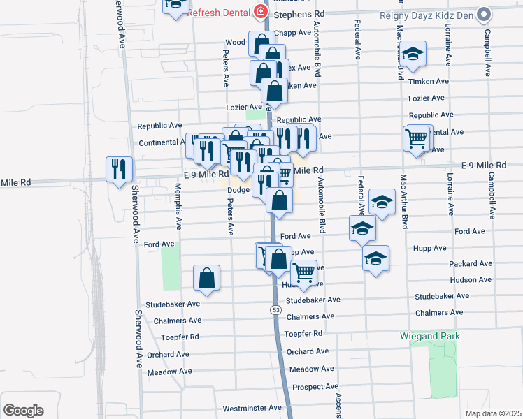map of restaurants, bars, coffee shops, grocery stores, and more near 7552 Dodge Avenue in Warren
