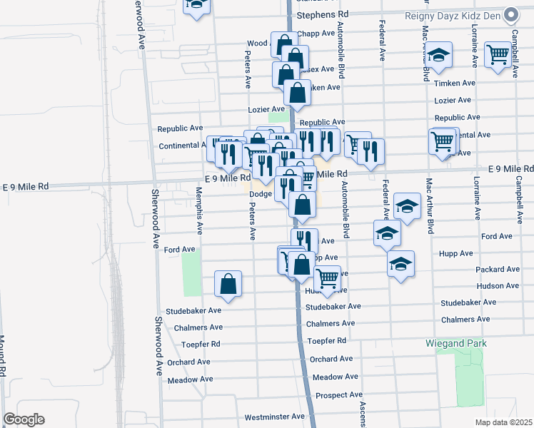 map of restaurants, bars, coffee shops, grocery stores, and more near 7552 Dodge Avenue in Warren