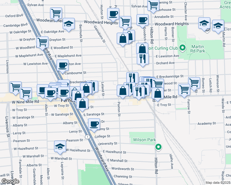 map of restaurants, bars, coffee shops, grocery stores, and more near 391 Vester Street in Ferndale
