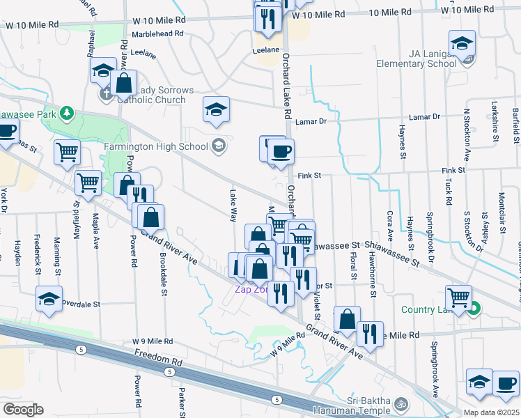 map of restaurants, bars, coffee shops, grocery stores, and more near 21333 Orchard Lake Road in Farmington Hills
