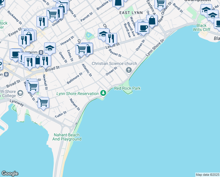 map of restaurants, bars, coffee shops, grocery stores, and more near 272 Lynn Shore Drive in Lynn