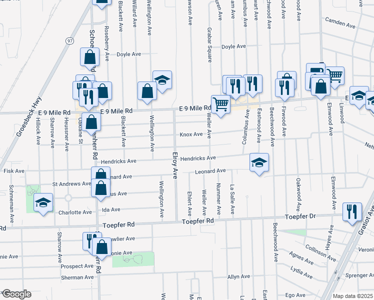 map of restaurants, bars, coffee shops, grocery stores, and more near 14235 Marshall Avenue in Warren