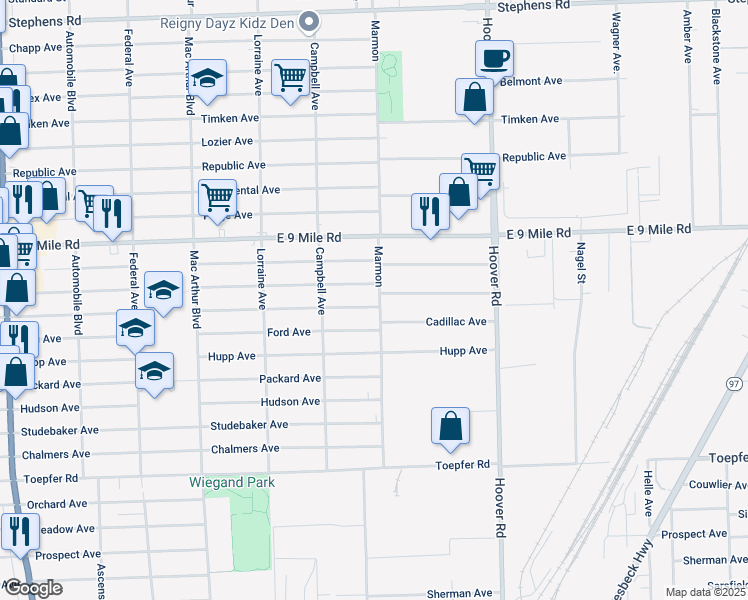 map of restaurants, bars, coffee shops, grocery stores, and more near 11289 Maxwell Avenue in Warren