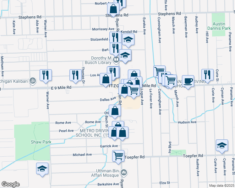 map of restaurants, bars, coffee shops, grocery stores, and more near 4024 East 9 Mile Road in Warren