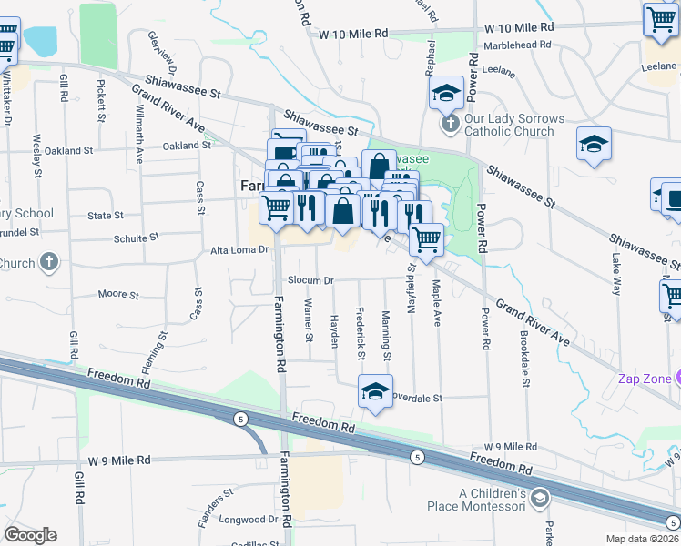 map of restaurants, bars, coffee shops, grocery stores, and more near 33025 Grand River Avenue in Farmington