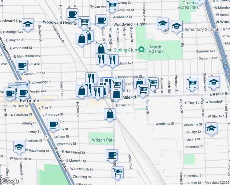 map of restaurants, bars, coffee shops, grocery stores, and more near in Ferndale