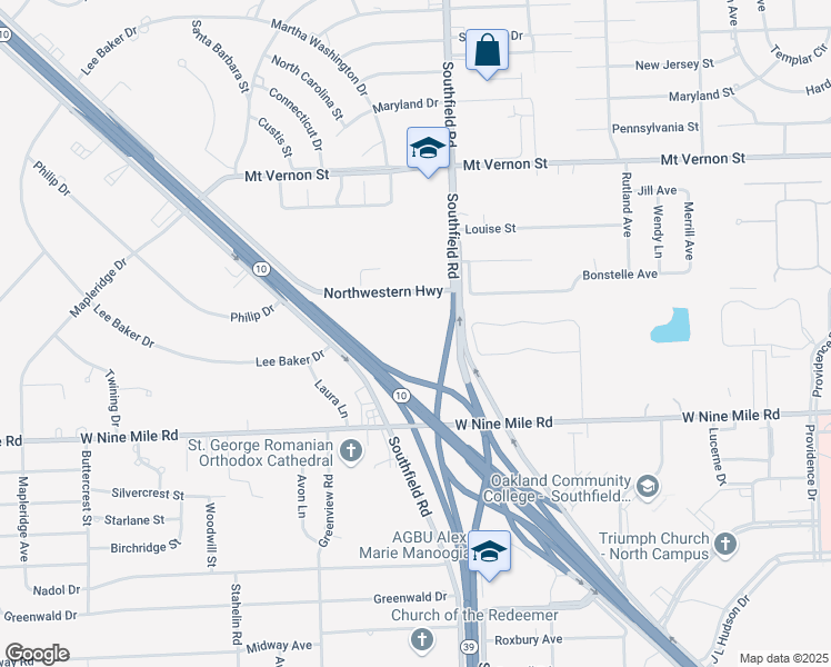 map of restaurants, bars, coffee shops, grocery stores, and more near 23300 Northwestern Highway in Southfield