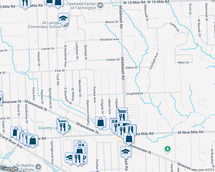 map of restaurants, bars, coffee shops, grocery stores, and more near 23081 Albion Avenue in Farmington Hills