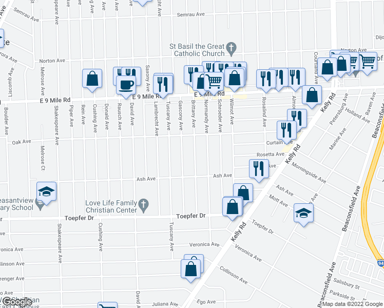 map of restaurants, bars, coffee shops, grocery stores, and more near 22095 Brittany Avenue in Eastpointe