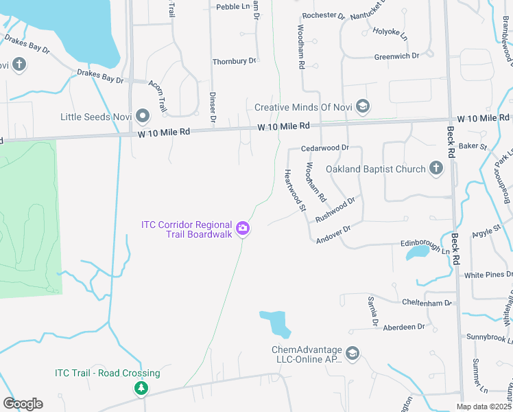 map of restaurants, bars, coffee shops, grocery stores, and more near ITC Trail in Novi