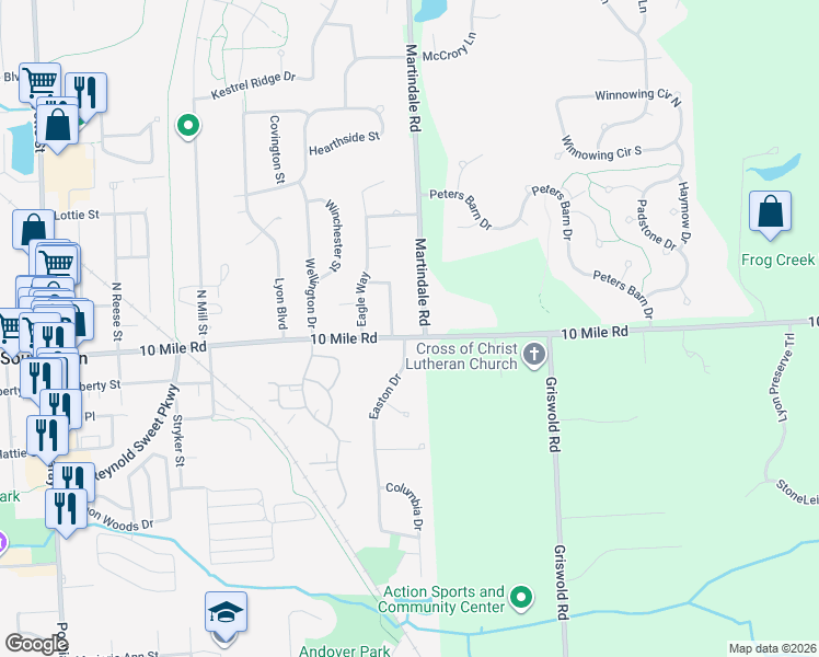 map of restaurants, bars, coffee shops, grocery stores, and more near 24179 Martindale Road in South Lyon