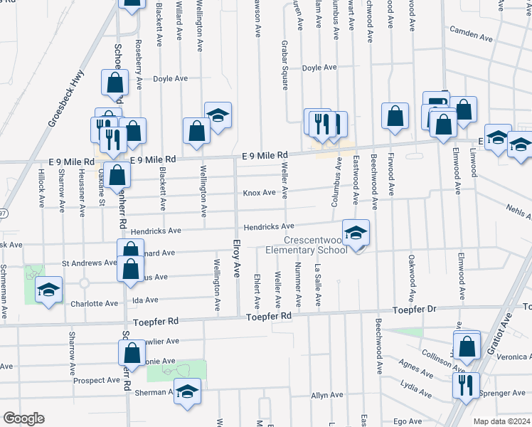 map of restaurants, bars, coffee shops, grocery stores, and more near 14292 Marshall Avenue in Warren