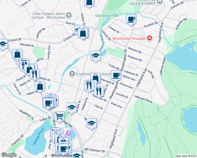 map of restaurants, bars, coffee shops, grocery stores, and more near 54 Harvard Street in Winchester
