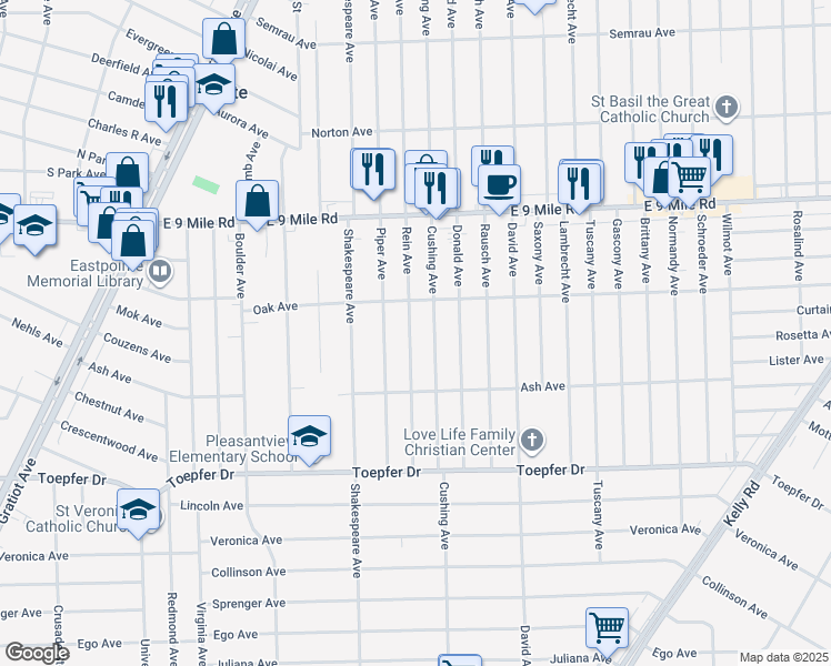 map of restaurants, bars, coffee shops, grocery stores, and more near 22114 Rein Avenue in Eastpointe