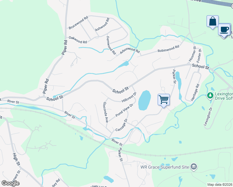 map of restaurants, bars, coffee shops, grocery stores, and more near 182 School Street in Acton