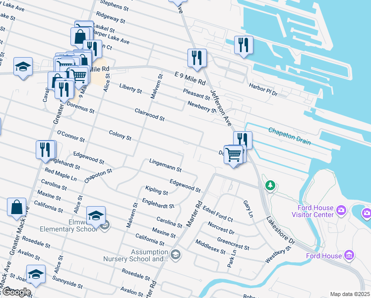 map of restaurants, bars, coffee shops, grocery stores, and more near 22940 Doremus Street in St. Clair Shores