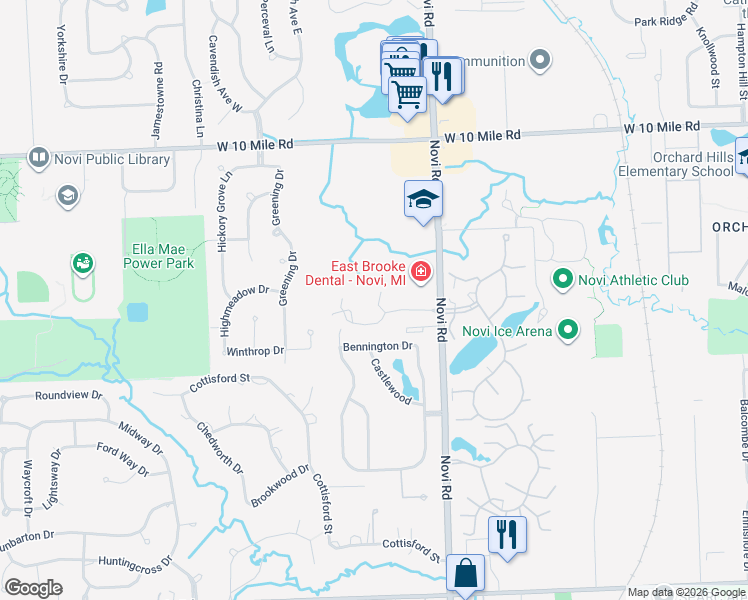 map of restaurants, bars, coffee shops, grocery stores, and more near 43630 Wendingo Court in Novi