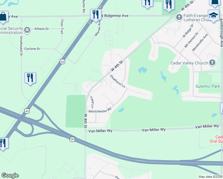 map of restaurants, bars, coffee shops, grocery stores, and more near 1921 Pinehurst Court in Waterloo