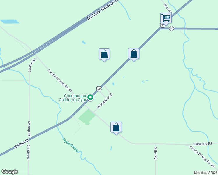 map of restaurants, bars, coffee shops, grocery stores, and more near 3423 East Main Street in Dunkirk