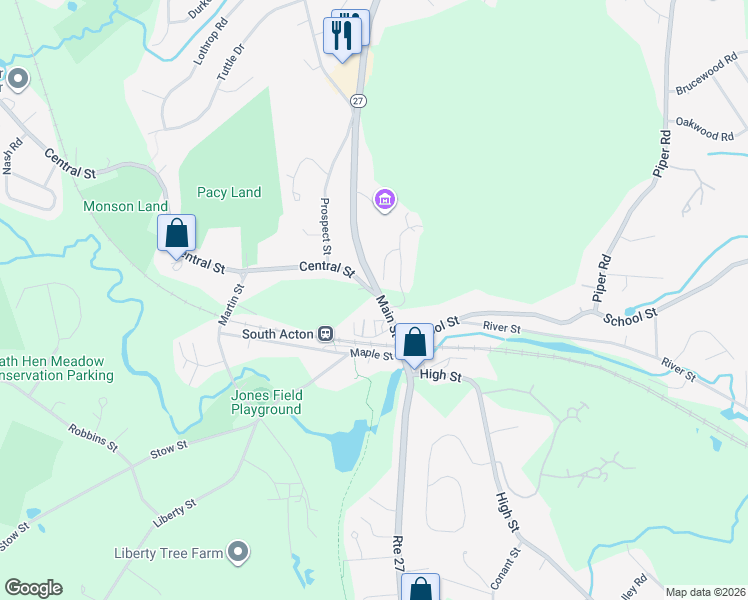 map of restaurants, bars, coffee shops, grocery stores, and more near 2 Central Street in Acton