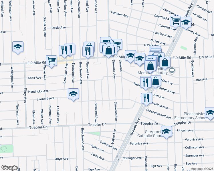 map of restaurants, bars, coffee shops, grocery stores, and more near 22113 Hayes Avenue in Eastpointe