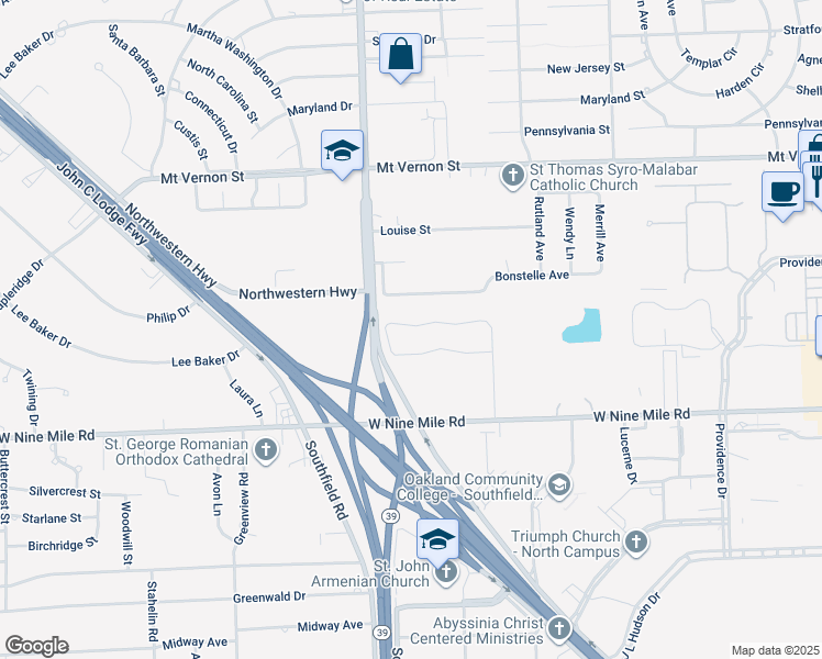 map of restaurants, bars, coffee shops, grocery stores, and more near 17493 Gateway Circle in Southfield