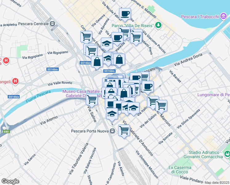 map of restaurants, bars, coffee shops, grocery stores, and more near 63 Via Corfinio in Pescara