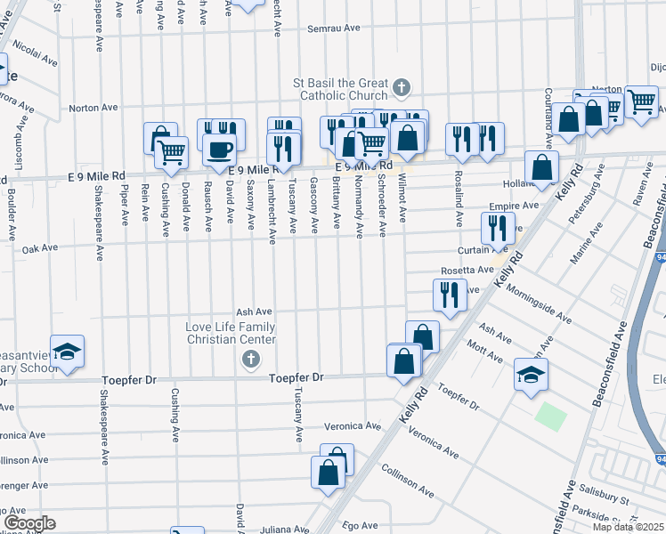 map of restaurants, bars, coffee shops, grocery stores, and more near 22103 Brittany Avenue in Eastpointe