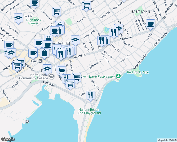 map of restaurants, bars, coffee shops, grocery stores, and more near 66 Baltimore Street in Lynn