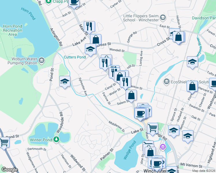 map of restaurants, bars, coffee shops, grocery stores, and more near 33 Canal Street in Winchester