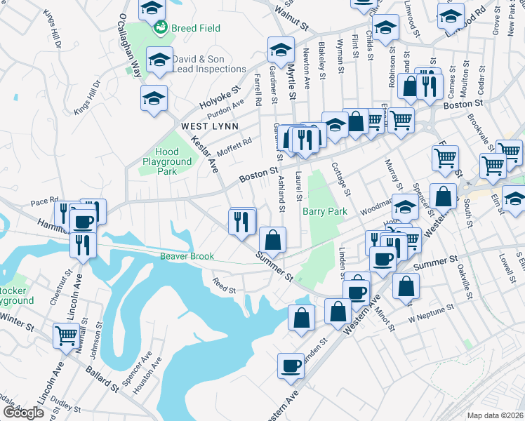 map of restaurants, bars, coffee shops, grocery stores, and more near 37 Ridge Avenue in Lynn
