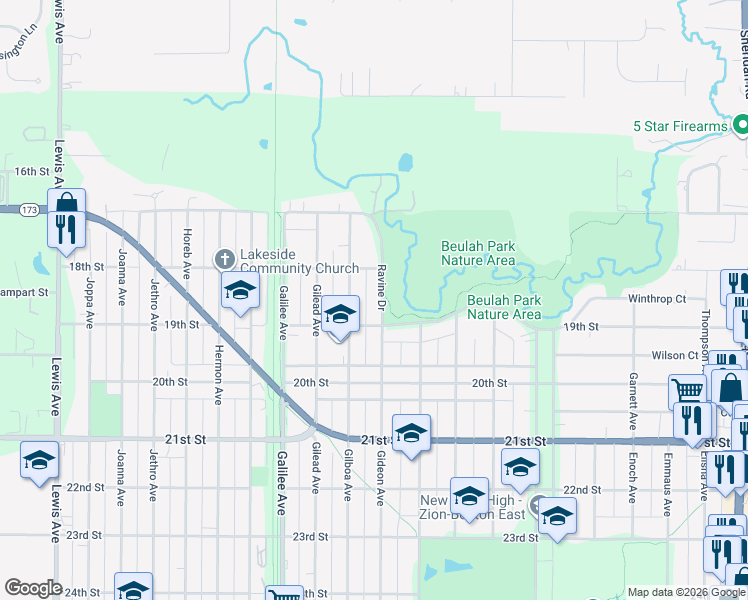map of restaurants, bars, coffee shops, grocery stores, and more near 1815 Gilboa Avenue in Zion