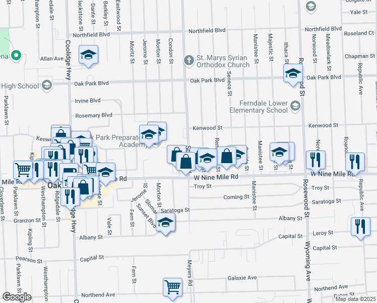map of restaurants, bars, coffee shops, grocery stores, and more near 23200 Scotia Road in Oak Park