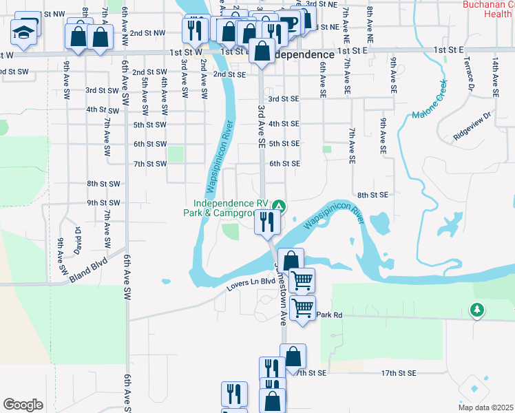 map of restaurants, bars, coffee shops, grocery stores, and more near 801 3rd Avenue Southeast in Independence