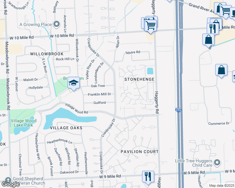 map of restaurants, bars, coffee shops, grocery stores, and more near 40310 Franklin Mill Street in Novi