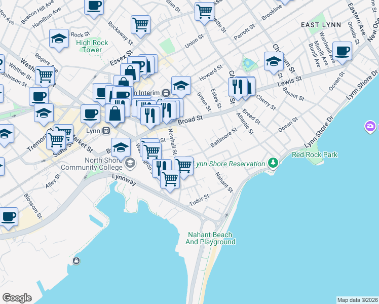 map of restaurants, bars, coffee shops, grocery stores, and more near 45 Nahant Street in Lynn