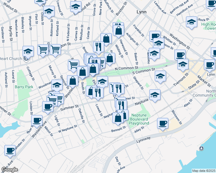 map of restaurants, bars, coffee shops, grocery stores, and more near 3 Commercial Street in Lynn
