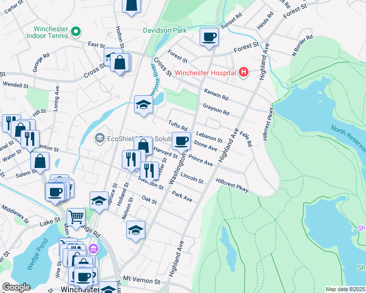 map of restaurants, bars, coffee shops, grocery stores, and more near 8 Bates Road in Winchester