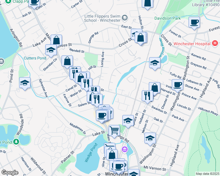 map of restaurants, bars, coffee shops, grocery stores, and more near 171 Swanton Street in Winchester
